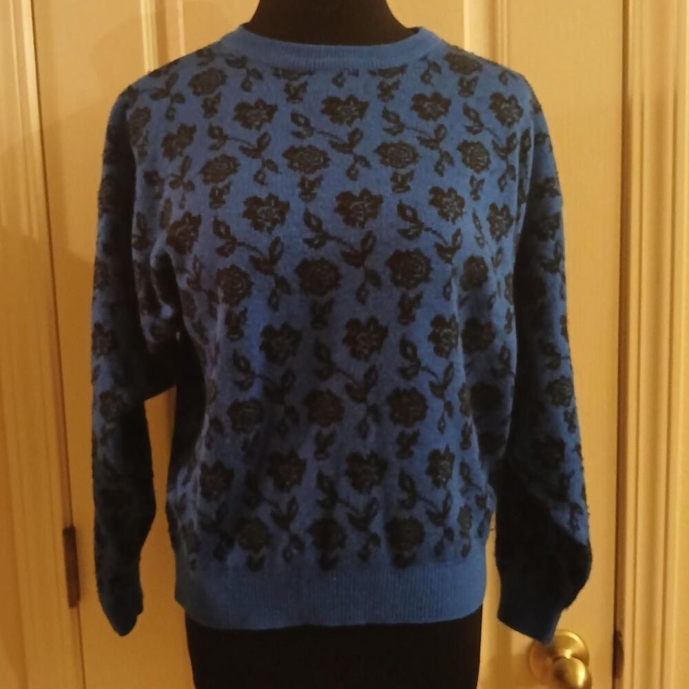 Vintage 90s blue sweater with black floral accents cottagecore dark coquette